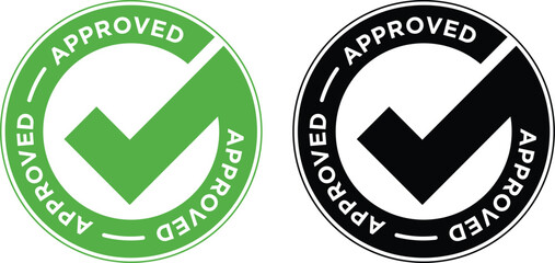 Approved Check Mark Stamp Icon Green and Black | Quality Assurance Vector Graphic for Compliance, Product Verification, and Certification Seals