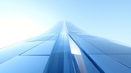 Sleek and modern tall building with reflective blue glass panels, soaring into the sky with a clear, cloudless backdrop. 