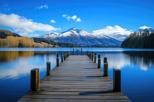 Serene lake pier leading to snowy mountains.  Peaceful wooden dock extends into a calm lake reflecting a stunning mountain range capped with snow.  Golden colored trees line the shore