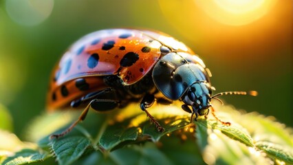 Close-Up of a Vibrant Ladybug on Green Leaf with Sunlight in Background, Showcasing Insect Details and Natural Surroundings