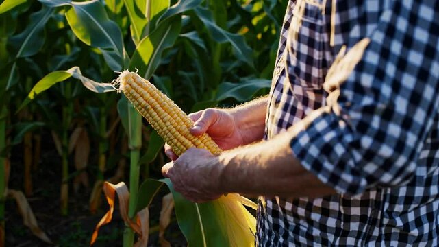 A male farmer is inspecting the quality of organic corn plants in a field, ensuring their suitability for harvesting in an eco-friendly, non-GMO agricultural setting