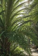 Fototapeta premium Intricate palm fronds, vibrant greens, sunlight dappled , tropical wallpaper, foliage, pattern