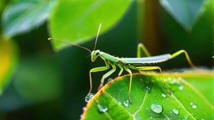 Close-up View of a Vibrant Green Praying Mantis on a Fresh Leaf with Water Droplets in a Lush Natural Environment