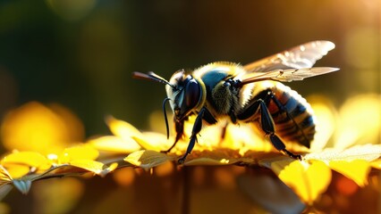 Close-Up View of a Honey Bee on a Bright Yellow Flower Petal in a Warm Natural Environment During a Beautiful Sunny Day