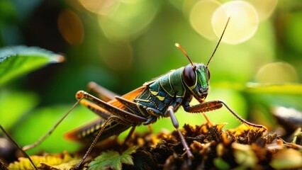 Close-Up of a Vibrant Grasshopper Sitting on Vibrant Green Leaves with Soft Glowing Background Creating a Natural and Lively Atmosphere in Nature