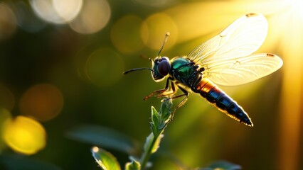 Close-Up of a Colorful Insect with Iridescent Wings Perched on a Leaf Under a Golden Sunlight Background in a Natural Environment
