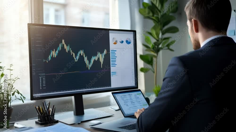 Poster professional analyzing financial data across multiple screens, tracking market trends with concentra