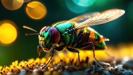 Vibrant Close-Up of a Colorful Insect on a Flower Petal with Shimmering Bokeh Background in Nature Environment
