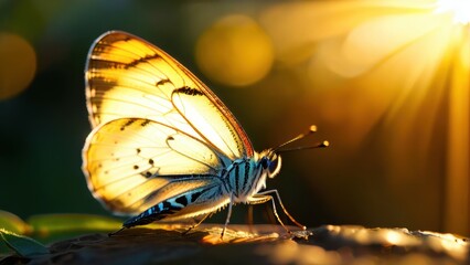 Stunning close-up of a butterfly perched gracefully on a leaf, illuminated by warm sunlight, showcasing detailed wings and vibrant colors against a soft background