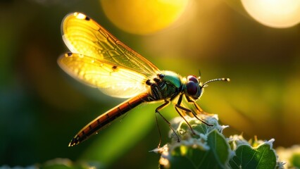 Close-up of a colorful dragonfly perched on a leaf under warm sunlight enhancing its iridescent wings and intricate body details in a serene natural setting