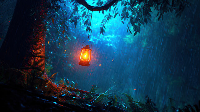 Lantern in Rainy Night Forest