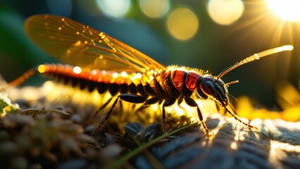 Close-Up of a Colorful Insect with Glowing Wings in a Natural Background During Golden Hour with Sparkling Sunlight