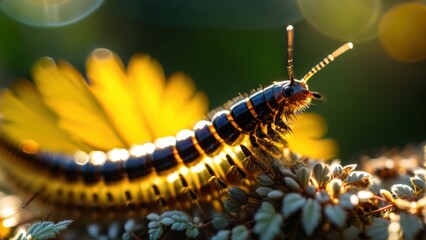 Close-Up of Vibrant Millipede Crawling Over Leaves with Sunlight Blurring Beautifully in the Background in a Natural Outdoor Setting
