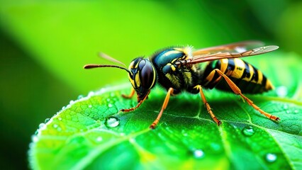 Close-up of a vibrant insect resting on a green leaf, showcasing vivid colors and intricate details of nature's small creatures in a natural setting