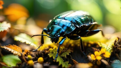 Vibrant Blue Beetle Crawling on Moss and Leaves in a Lush Forest Setting Captured in Close-Up Macro Photography