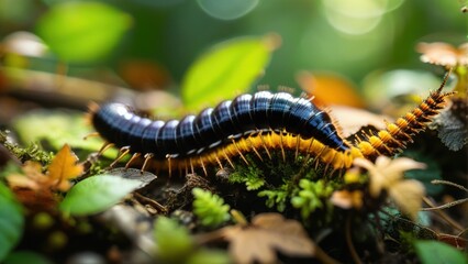 Colorful Millipede Crawling on a Leafy Forest Floor Surrounded by Greenery and Natural Light for Macro Photography Enthusiasts