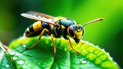 Close-Up of a Colorful Insect Sitting on a Leaf with Dew Drops Under Natural Light in a Lush Green Environment