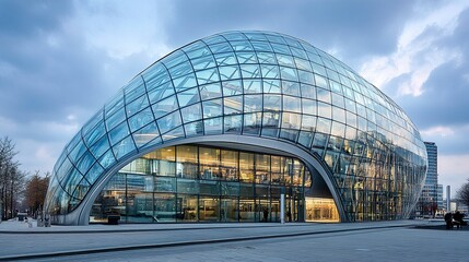 Sleek office building in Berlin, Germany, with a blend of glass and steel elements, representing contemporary European architectural trends.  