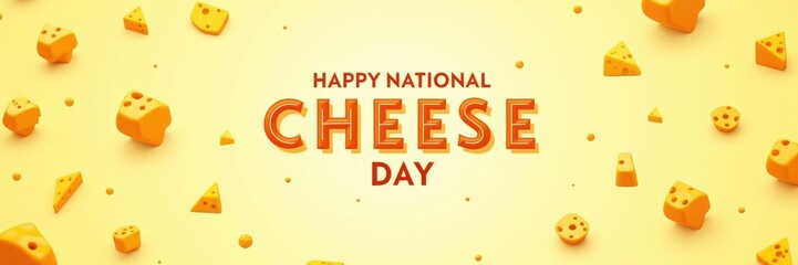 Celebrate national cheese day with a vibrant design featuring various cheese shapes and cheerful typography on a bright yellow backdrop.