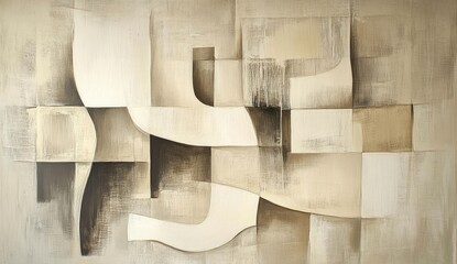 Abstract painting, light beige and off-white shapes and forms, layered and overlapping, creating a sense of depth and movement on a canvas of muted colors