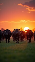 Obraz premium A herd of cattle walks towards the setting sun, creating a tranquil rural scene filled with warm colors and majestic silhouettes.