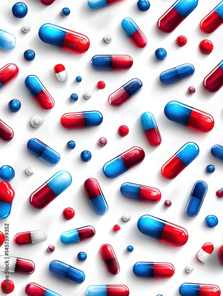 Poster colorful arrangement of blue and red capsules on a white background showcasing artistic design and p