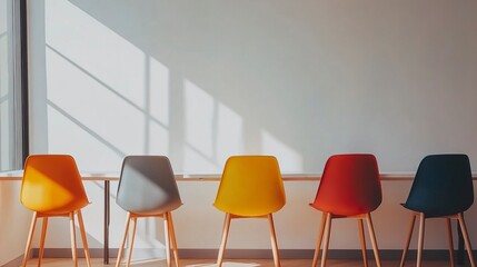 Obraz premium Stylish company office interior with a row of workstations and a prominent white wall, perfect for a minimalist and organized workspace. 