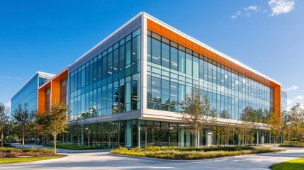 Obraz premium Stylish office building with a glass facade, highlighted by bold orange accents, framed by a clear and vibrant blue sky. 