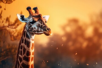 Wild giraffe with long neck and spotted coat looking away while standing in savanna against blurred background