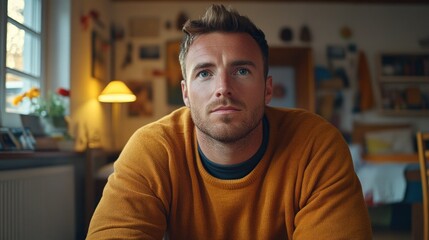 Obraz premium Man in a mustard yellow sweater, thoughtful expression