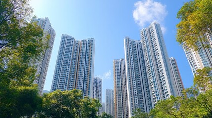 Fototapeta premium Sunny day view of modern apartment buildings, their facades showcasing clean architecture and reflecting the vivid blue sky. 