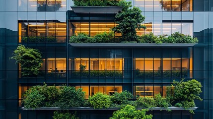 Sustainable eco-city office building featuring transparent glass walls and integrated trees, blending cutting-edge design with CO2-reducing elements.  