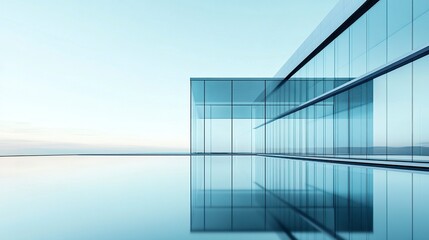 Obraz premium Symmetrical reflection of a sleek glass office building on still water, the mirrored architecture offering balance and tranquility, with open space for text. 