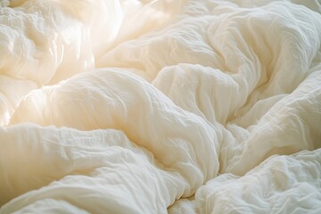 Soft, crumpled white bedding in sunlight