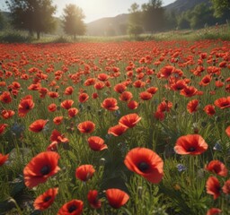 Sunlit meadow bursting with scarlet poppies, swaying gently , landscape, floral
