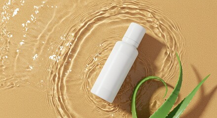 White bottle mockup on water surface with aloe vera for skincare product advertisement design
