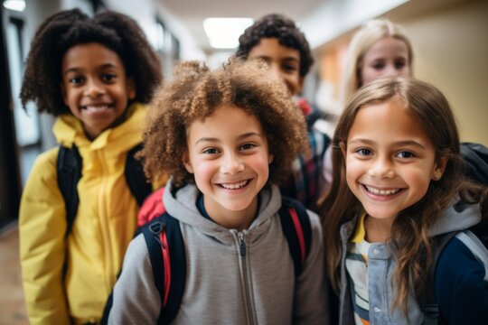 portrait of a diverse kids students in elementary school hallway with lockers