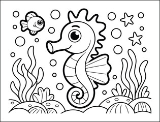 Obraz premium Cute Seahorse Coloring Page with Ocean Plants and Fish