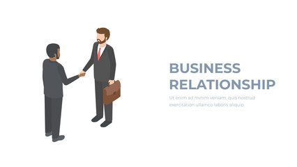 Handshake businessmen isometric. Meeting businesspeople. Two human in suits with briefcase shake hand. Vector illustration 3d design isolated on white background. Professional people. Deal agreement.