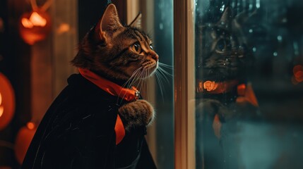 Halloween-themed housecat gazing out window.