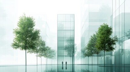 Urban eco-friendly office with expansive glass facades and strategically placed trees, designed for carbon sequestration and modern appeal. 