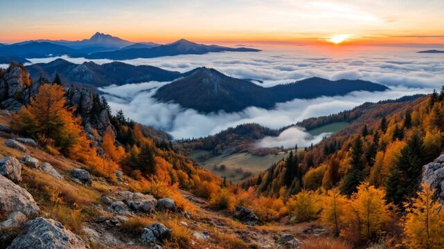 High resolution Sunset in autumn mountains above the clouds during the weather inversion in Slovakia. Time lapse landscape.