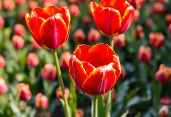 Fototapeta premium A close-up view of three red tulips with yellow-edged petals in full bloom, set against a vibrant background of a dense tulip field. The rich colors and delicate details highlight the beauty of nature