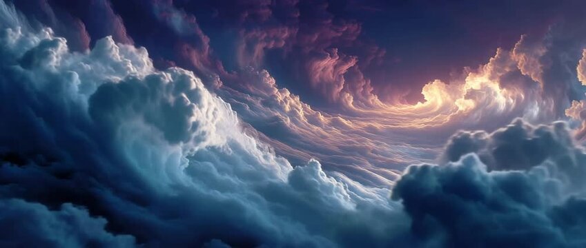 Flying fast through majestic swirl of midnight clouds glowing with pink and blue light, viewed from within the storm as the camera floats gently forward through layers of dramatic cloudscape
