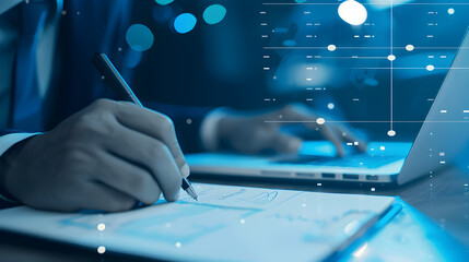 A person signing a document while using a laptop with a digital overlay in a blue toned environment