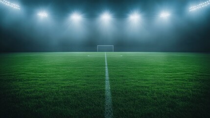 Obraz premium Night soccer field stadium lights green grass goal empty sports competition