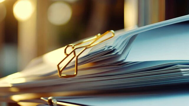 Close-up view of stacked paper sheets with a golden paper clip on top of the stack