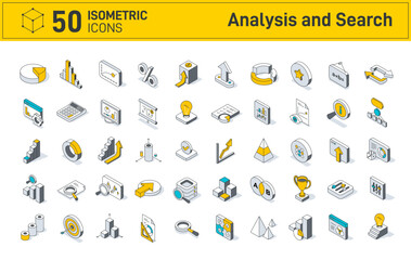 Data analysis and search business icon set. Isometric linear icons, analysis and search to infographics, analytics, and statistics. Icon set includes search, charts, graphs, metrics. Vector collection
