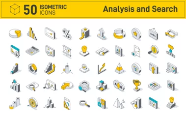 Data analysis and search business icon set. Isometric linear icons, analysis and search to infographics, analytics, and statistics. Icon set includes search, charts, graphs, metrics. Vector collection © shendart