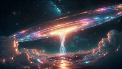 Huge bright glowing portal in a deep space fantasy scenery